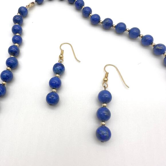 Lapis Lazuli Beaded Necklace Earring Set w 14K Gold Spacer Beads and Clasp ~58g - Picture 4 of 12